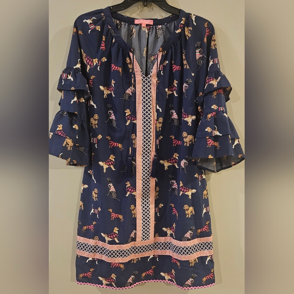 Simply Southern Navy Dress W/ Dogs In Sweaters V-neck 3/4 Sleeve: Size- Large